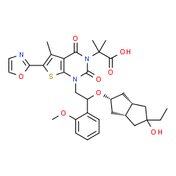 ChemSpider 2D Image | 2-{1-[2-{[(2s,3aR,6aS)-5-Ethyl-5-hydroxyoctahydro-2-pentalenyl]oxy}-2-(2-methoxyphenyl)ethyl]-5-methyl-6-(1,3-oxazol-2-yl)-2,4-dioxo-1,4-dihydrothieno[2,3-d]pyrimidin-3(2H)-yl}-2-methylpropanoic acid | C33H39N3O8S