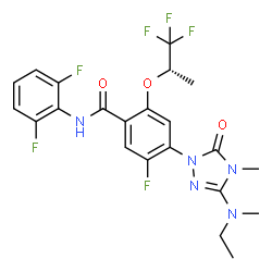 ChemSpider 2D Image | N-(2,6-Difluorophenyl)-4-{3-[ethyl(methyl)amino]-4-methyl-5-oxo-4,5-dihydro-1H-1,2,4-triazol-1-yl}-5-fluoro-2-{[(2S)-1,1,1-trifluoro-2-propanyl]oxy}benzamide | C22H21F6N5O3