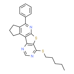 ChemSpider 2D Image | 7-(Pentylsulfanyl)-4-phenyl-2,3-dihydro-1H-cyclopenta[4',5']pyrido[3',2':4,5]thieno[3,2-d]pyrimidine | C23H23N3S2
