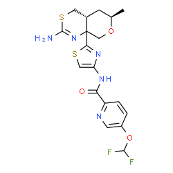 ChemSpider 2D Image | N-{2-[(4aR,6R)-2-Amino-6-methyl-4,4a,5,6-tetrahydropyrano[3,4-d][1,3]thiazin-8a(8H)-yl]-1,3-thiazol-4-yl}-5-(difluoromethoxy)-2-pyridinecarboxamide | C18H19F2N5O3S2