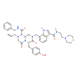 ChemSpider 2D Image | (6S,9aR)-2-Allyl-N-benzyl-6-(4-hydroxybenzyl)-8-[(1-methyl-3-{methyl[2-(4-morpholinyl)ethyl]carbamoyl}-1H-indol-7-yl)methyl]-4,7-dioxohexahydro-2H-pyrazino[2,1-c][1,2,4]triazine-1(6H)-carboxamide | C42H50N8O6