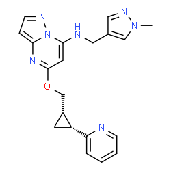 ChemSpider 2D Image | N-[(1-Methyl-1H-pyrazol-4-yl)methyl]-5-{[(1S,2R)-2-(2-pyridinyl)cyclopropyl]methoxy}pyrazolo[1,5-a]pyrimidin-7-amine | C20H21N7O