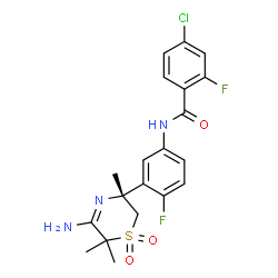 ChemSpider 2D Image | N-{3-[(3R)-5-Amino-3,6,6-trimethyl-1,1-dioxido-3,6-dihydro-2H-1,4-thiazin-3-yl]-4-fluorophenyl}-4-chloro-2-fluorobenzamide | C20H20ClF2N3O3S