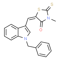 ChemSpider 2D Image | (5E)-5-[(1-Benzyl-1H-indol-3-yl)methylene]-3-methyl-2-thioxo-1,3-thiazolidin-4-one | C20H16N2OS2