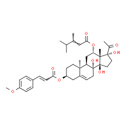 ChemSpider 2D Image | (3beta,8alpha,10alpha,12alpha,14beta)-8,14,17-Trihydroxy-3-{[(2E)-3-(4-methoxyphenyl)-2-propenoyl]oxy}-20-oxopregn-5-en-12-yl (2E)-3,4-dimethyl-2-pentenoate | C38H50O9