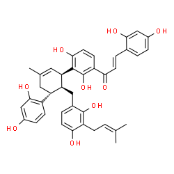 ChemSpider 2D Image | (2E)-1-{3-[(1S,5R,6S)-6-[2,4-Dihydroxy-3-(3-methyl-2-buten-1-yl)benzyl]-5-(2,4-dihydroxyphenyl)-3-methyl-2-cyclohexen-1-yl]-2,4-dihydroxyphenyl}-3-(2,4-dihydroxyphenyl)-2-propen-1-one | C40H40O9