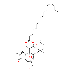 ChemSpider 2D Image | (1aR,1bS,4aR,7aR,7bR,8R,9R,9aS)-9a-Acetoxy-7b-hydroxy-3-(hydroxymethyl)-1,1,6,8-tetramethyl-5-oxo-1a,1b,4,4a,5,7a,7b,8,9,9a-decahydro-1H-cyclopropa[3,4]benzo[1,2-e]azulen-9-yl palmitate | C38H60O7