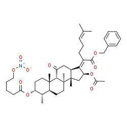 ChemSpider 2D Image | Benzyl (3alpha,4alpha,5alpha,8alpha,9beta,13alpha,14beta,16beta,17Z)-16-acetoxy-4,8,14-trimethyl-3-{[5-(nitrooxy)pentanoyl]oxy}-11-oxo-18-norcholesta-17,24-dien-21-oate | C43H59NO10