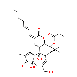 ChemSpider 2D Image | (1aR,1bS,4aR,7aS,7bS,8R,9R,9aS)-4a,7b-Dihydroxy-3-(hydroxymethyl)-9a-(isobutyryloxy)-1,1,6,8-tetramethyl-5-oxo-1a,1b,4,4a,5,7a,7b,8,9,9a-decahydro-1H-cyclopropa[3,4]benzo[1,2-e]azulen-9-yl (2Z,4E)-2,4
-decadienoate | C34H48O8