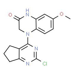 ChemSpider 2D Image | 4-(2-Chloro-6,7-dihydro-5H-cyclopenta[d]pyrimidin-4-yl)-7-methoxy-3,4-dihydro-2(1H)-quinoxalinone | C16H15ClN4O2
