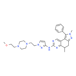 ChemSpider 2D Image | N-(1-{2-[4-(2-Methoxyethyl)-1-piperazinyl]ethyl}-1H-pyrazol-3-yl)-2,5-dimethyl-1-phenyl-4,5-dihydro-2H-pyrazolo[4,3-f]quinazolin-7-amine | C29H37N9O