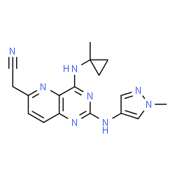 ChemSpider 2D Image | {4-[(1-Methylcyclopropyl)amino]-2-[(1-methyl-1H-pyrazol-4-yl)amino]pyrido[3,2-d]pyrimidin-6-yl}acetonitrile | C17H18N8