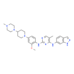 ChemSpider 2D Image | N~4~-(1H-Indazol-6-yl)-N~2~-{2-methoxy-4-[4-(4-methyl-1-piperazinyl)-1-piperidinyl]phenyl}-5-methyl-2,4-pyrimidinediamine | C29H37N9O