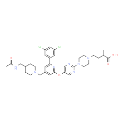 ChemSpider 2D Image | 4-[4-(5-{[4-{[4-(Acetamidomethyl)-1-piperidinyl]methyl}-6-(3,5-dichlorophenyl)-2-pyridinyl]oxy}-2-pyrimidinyl)-1-piperazinyl]-2-methylbutanoic acid | C33H41Cl2N7O4