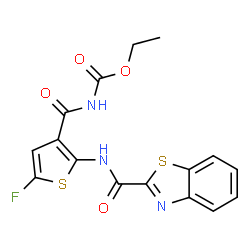 ChemSpider 2D Image | Ethyl ({2-[(1,3-benzothiazol-2-ylcarbonyl)amino]-5-fluoro-3-thienyl}carbonyl)carbamate | C16H12FN3O4S2