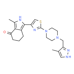 ChemSpider 2D Image | 3-Methyl-1-(2-{4-[(4-methyl-1H-pyrazol-3-yl)methyl]-1-piperazinyl}-1,3-thiazol-4-yl)-2,5,6,7-tetrahydro-4H-isoindol-4-one | C21H26N6OS