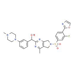 ChemSpider 2D Image | (6-{[3-Fluoro-4-(1,3-oxazol-2-yl)phenyl]sulfonyl}-4-methyl-6,7-dihydro-5H-pyrrolo[3,4-d]pyrimidin-2-yl)[3-(4-methyl-1-piperazinyl)phenyl]methanol | C28H29FN6O4S