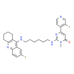 ChemSpider 2D Image | 6-(3-Fluoro-4-pyridinyl)-2-({6-[(7-fluoro-1,2,3,4-tetrahydro-9-acridinyl)amino]hexyl}amino)-3-methyl-4(3H)-pyrimidinone | C29H32F2N6O