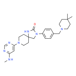 ChemSpider 2D Image | 3-{4-[(4,4-Dimethyl-1-piperidinyl)methyl]phenyl}-8-[6-(methylamino)-4-pyrimidinyl]-1,3,8-triazaspiro[4.5]decan-2-one | C26H37N7O