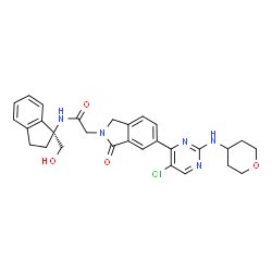 ChemSpider 2D Image | 2-{6-[5-Chloro-2-(tetrahydro-2H-pyran-4-ylamino)-4-pyrimidinyl]-1-oxo-1,3-dihydro-2H-isoindol-2-yl}-N-[(1S)-1-(hydroxymethyl)-2,3-dihydro-1H-inden-1-yl]acetamide | C29H30ClN5O4