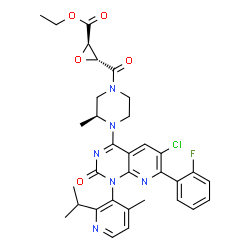 ChemSpider 2D Image | Ethyl (2R,3R)-3-({(3S)-4-[6-chloro-7-(2-fluorophenyl)-1-(2-isopropyl-4-methyl-3-pyridinyl)-2-oxo-1,2-dihydropyrido[2,3-d]pyrimidin-4-yl]-3-methyl-1-piperazinyl}carbonyl)-2-oxiranecarboxylate | C33H34ClFN6O5