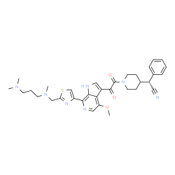 ChemSpider 2D Image | (2R)-{1-[{7-[2-({[3-(Dimethylamino)propyl](methyl)amino}methyl)-1,3-thiazol-4-yl]-4-methoxy-1H-pyrrolo[2,3-c]pyridin-3-yl}(oxo)acetyl]-4-piperidinyl}(phenyl)acetonitrile | C33H39N7O3S