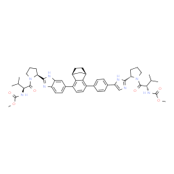 ChemSpider 2D Image | Methyl {(2S)-1-[(2S)-2-{6-[(1S,8R)-6-(4-{2-[(2S)-1-{(2S)-2-[(methoxycarbonyl)amino]-3-methylbutanoyl}-2-pyrrolidinyl]-1H-imidazol-5-yl}phenyl)tricyclo[6.2.1.0~2,7~]undeca-2,4,6-trien-3-yl]-1H-benzimid
azol-2-yl}-1-pyrrolidinyl]-3-methyl-1-oxo-2-butanyl}carbamate | C49H58N8O6