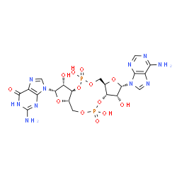 ChemSpider 2D Image | 2-Amino-9-[(2S,3R,3aS,7aR,9S,10R,10aS,14aS)-9-(6-amino-9H-purin-9-yl)-3,5,10,12-tetrahydroxy-5,12-dioxidooctahydro-2H,7H-difuro[3,2-d:3',2'-j][1,3,7,9,2,8]tetraoxadiphosphacyclododecin-2-yl]-1,9-dihyd
ro-6H-purin-6-one | C20H24N10O13P2