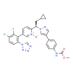 ChemSpider 2D Image | Methyl (4-{1-[(1R)-1-{5-[3-chloro-2-fluoro-6-(1H-tetrazol-1-yl)phenyl]-1-oxido-2-pyridinyl}-2-cyclopropylethyl]-1H-pyrazol-4-yl}phenyl)carbamate | C28H24ClFN8O3