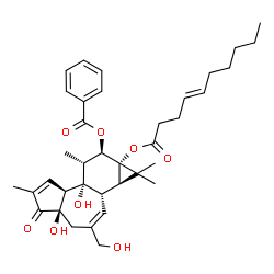 ChemSpider 2D Image | (1aR,1bS,4aR,7aS,7bS,8R,9R,9aS)-9a-[(4E)-4-Decenoyloxy]-4a,7b-dihydroxy-3-(hydroxymethyl)-1,1,6,8-tetramethyl-5-oxo-1a,1b,4,4a,5,7a,7b,8,9,9a-decahydro-1H-cyclopropa[3,4]benzo[1,2-e]azulen-9-yl benzoa
te | C37H48O8