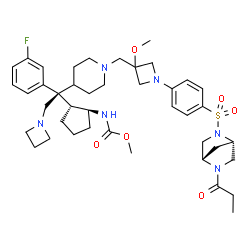 ChemSpider 2D Image | Methyl {(1S,2R)-2-[(1S)-2-(1-azetidinyl)-1-(3-fluorophenyl)-1-(1-{[3-methoxy-1-(4-{[(1S,4S)-5-propionyl-2,5-diazabicyclo[2.2.1]hept-2-yl]sulfonyl}phenyl)-3-azetidinyl]methyl}-4-piperidinyl)ethyl]cyclo
pentyl}carbamate | C42H59FN6O6S
