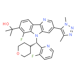 ChemSpider 2D Image | 2-{3-(1,4-Dimethyl-1H-1,2,3-triazol-5-yl)-6-fluoro-5-[(S)-(3-fluoro-2-pyridinyl)(tetrahydro-2H-pyran-4-yl)methyl]-5H-pyrido[3,2-b]indol-7-yl}-2-propanol | C29H30F2N6O2