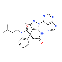ChemSpider 2D Image | (3S)-3'-Methyl-1-(3-methylbutyl)-1'-(9H-purin-6-yl)-1',7'-dihydrospiro[indole-3,4'-pyrazolo[3,4-b]pyridine]-2,6'(1H,5'H)-dione | C24H24N8O2