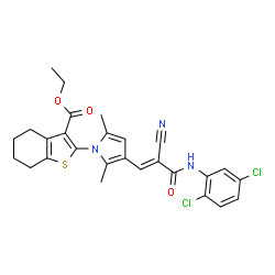 ChemSpider 2D Image | Ethyl 2-(3-{(1E)-2-cyano-3-[(2,5-dichlorophenyl)amino]-3-oxo-1-propen-1-yl}-2,5-dimethyl-1H-pyrrol-1-yl)-4,5,6,7-tetrahydro-1-benzothiophene-3-carboxylate | C27H25Cl2N3O3S