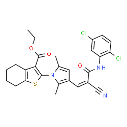 ChemSpider 2D Image | Ethyl 2-(3-{(1Z)-2-cyano-3-[(2,5-dichlorophenyl)amino]-3-oxo-1-propen-1-yl}-2,5-dimethyl-1H-pyrrol-1-yl)-4,5,6,7-tetrahydro-1-benzothiophene-3-carboxylate | C27H25Cl2N3O3S