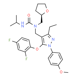 ChemSpider 2D Image | 1-{[5-(2,4-Difluorophenoxy)-3-ethyl-1-(4-methoxyphenyl)-1H-pyrazol-4-yl]methyl}-3-isopropyl-1-[(2R)-tetrahydro-2-furanylmethyl]urea | C28H34F2N4O4
