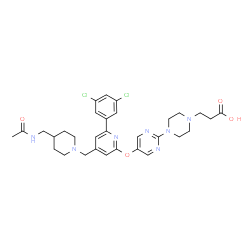 ChemSpider 2D Image | 3-[4-(5-{[4-{[4-(Acetamidomethyl)-1-piperidinyl]methyl}-6-(3,5-dichlorophenyl)-2-pyridinyl]oxy}-2-pyrimidinyl)-1-piperazinyl]propanoic acid | C31H37Cl2N7O4