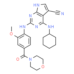 ChemSpider 2D Image | 4-(Cyclohexylamino)-2-{[2-methoxy-4-(4-morpholinylcarbonyl)phenyl]amino}-7H-pyrrolo[2,3-d]pyrimidine-5-carbonitrile | C25H29N7O3
