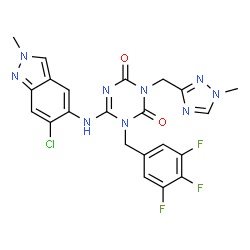 ChemSpider 2D Image | 6-[(6-Chloro-2-methyl-2H-indazol-5-yl)amino]-3-[(1-methyl-1H-1,2,4-triazol-3-yl)methyl]-1-(3,4,5-trifluorobenzyl)-1,3,5-triazine-2,4(1H,3H)-dione | C22H17ClF3N9O2