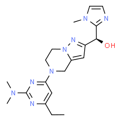 ChemSpider 2D Image | (S)-{5-[2-(Dimethylamino)-6-ethyl-4-pyrimidinyl]-4,5,6,7-tetrahydropyrazolo[1,5-a]pyrazin-2-yl}(1-methyl-1H-imidazol-2-yl)methanol | C19H26N8O