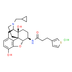 ChemSpider 2D Image | N-[(5alpha,6beta)-17-(Cyclopropylmethyl)-3,14-dihydroxy-4,5-epoxymorphinan-6-yl]-3-(3-thienyl)propanamide hydrochloride (1:1) | C27H33ClN2O4S