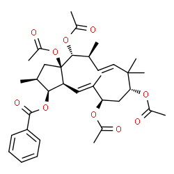 ChemSpider 2D Image | (1S,2S,3aR,4R,5S,6E,9R,11R,12E,13aS)-3a,4,9,11-Tetraacetoxy-2,5,8,8,12-pentamethyl-2,3,3a,4,5,8,9,10,11,13a-decahydro-1H-cyclopenta[12]annulen-1-yl benzoate | C35H46O10