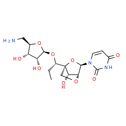 ChemSpider 2D Image | 1-{(1S,3R,4R,7S)-1-[(1S)-1-{[(2S,3R,4S,5R)-5-(Aminomethyl)-3,4-dihydroxytetrahydro-2-furanyl]oxy}propyl]-7-hydroxy-2,5-dioxabicyclo[2.2.1]hept-3-yl}-2,4(1H,3H)-pyrimidinedione (non-preferred name) | C17H25N3O9