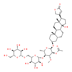 ChemSpider 2D Image | (3beta,5beta)-3-{[beta-D-Glucopyranosyl-(1->6)-beta-L-glucopyranosyl-(1->4)-2-O-acetyl-6-deoxy-3-O-methyl-alpha-L-glucopyranosyl]oxy}-14-hydroxycard-20(22)-enolide | C44H68O19