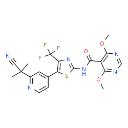 ChemSpider 2D Image | N-{5-[2-(2-Cyano-2-propanyl)-4-pyridinyl]-4-(trifluoromethyl)-1,3-thiazol-2-yl}-4,6-dimethoxy-5-pyrimidinecarboxamide | C20H17F3N6O3S