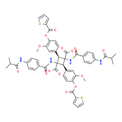 ChemSpider 2D Image | 1,3-Bis{[4-(isobutyrylamino)benzoyl]amino}-2,4-bis{3-methoxy-4-[(2-thienylcarbonyl)oxy]phenyl}-1,3-cyclobutanedicarboxylic acid | C52H48N4O14S2