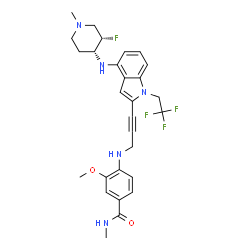 ChemSpider 2D Image | 4-({3-[4-{[(3S,4R)-3-Fluoro-1-methyl-4-piperidinyl]amino}-1-(2,2,2-trifluoroethyl)-1H-indol-2-yl]-2-propyn-1-yl}amino)-3-methoxy-N-methylbenzamide | C28H31F4N5O2