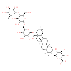 ChemSpider 2D Image | 6-Deoxy-alpha-L-mannopyranosyl-(1->4)-beta-D-glucopyranosyl-(1->6)-1-O-[(3beta)-3-(beta-D-glucopyranuronosyloxy)-28-oxoolean-12-en-28-yl]-beta-D-glucopyranose | C54H86O23