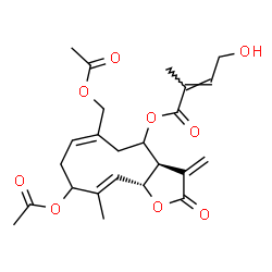 ChemSpider 2D Image | (3aR,6E,10E,11aR)-9-Acetoxy-6-(acetoxymethyl)-10-methyl-3-methylene-2-oxo-2,3,3a,4,5,8,9,11a-octahydrocyclodeca[b]furan-4-yl (2E)-4-hydroxy-2-methyl-2-butenoate | C24H30O9