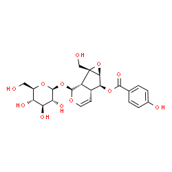 ChemSpider 2D Image | (1aR,1bS,2S,5aR,6S,6aS)-2-(beta-D-Glucopyranosyloxy)-1a-(hydroxymethyl)-1a,1b,2,5a,6,6a-hexahydrooxireno[4,5]cyclopenta[1,2-c]pyran-6-yl 4-hydroxybenzoate | C22H26O12